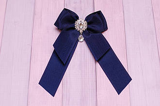 Бант для волосся Заколка для дівчинки темно-синій з брошкою 451