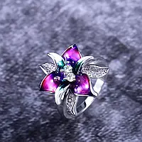 Стильное женское серебряное кольцо с фиолетовым цветком, кольцо в виде роскошного цветка, размер 17.5