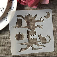 Трафарет на Хелловін Дерево з кішками 13 на 13 см сірий