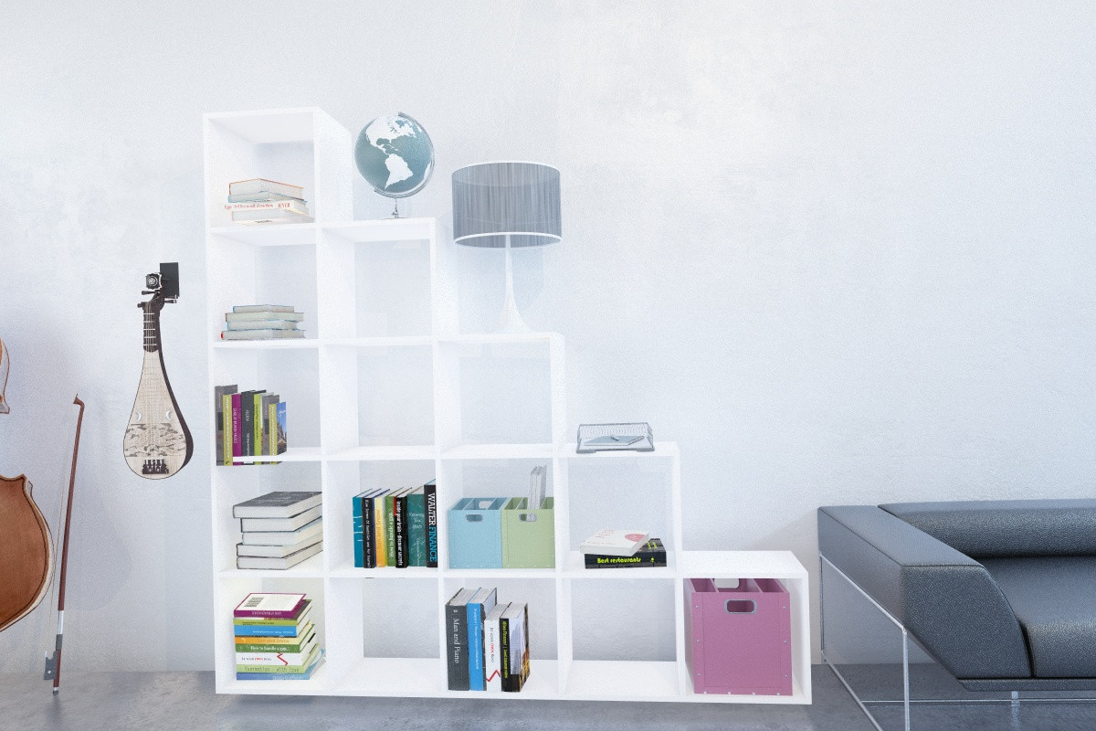 Стелаж перегородка для дому, стелаж пристінний, книжкова шафа з ДСП 15 відділень, Білий