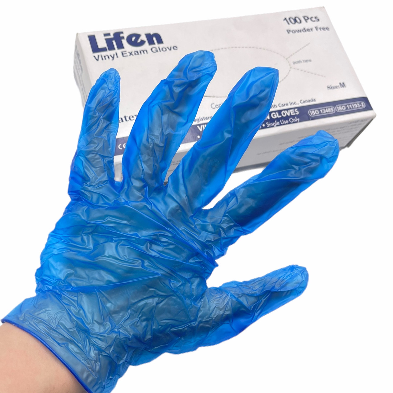 Одноразові блакитні нестерильні опудренниє вінілові рукавички Lifen Vinil Exam Glove, 100шт./уп. (L)