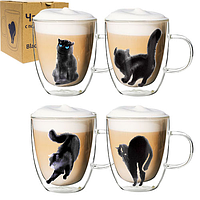 Чашка с двойной стенкой | кружка стеклянная с двойным дном | 400мл | SNT 'Black cat'