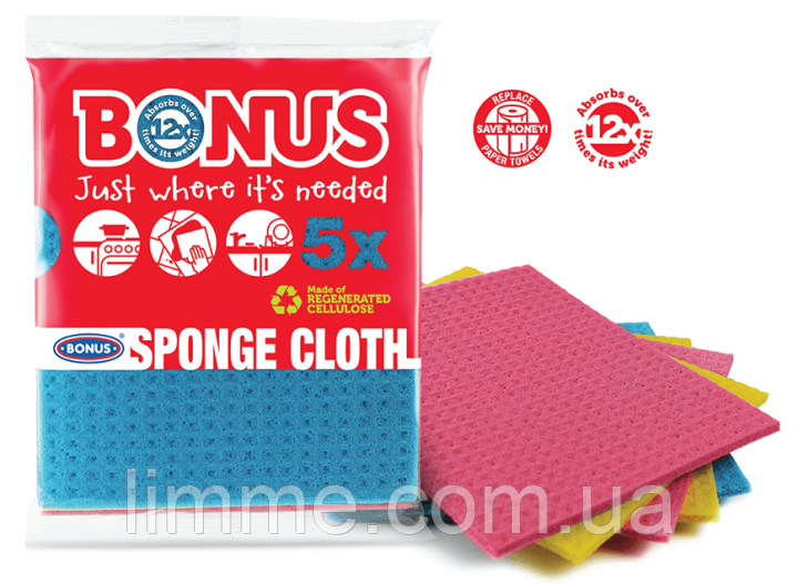 Серветка губчаста універсальна з натуральної целюлози Bonus Sponge Cloth 1 упак / 5 шт