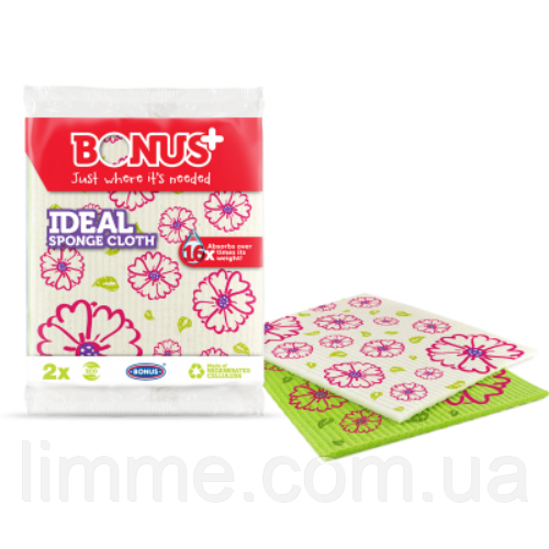 Серветка губчаста вологопоглинаюча з натуральної целюлози Bonus+ Ideal Sponge Cloth 1 упак / 2 шт