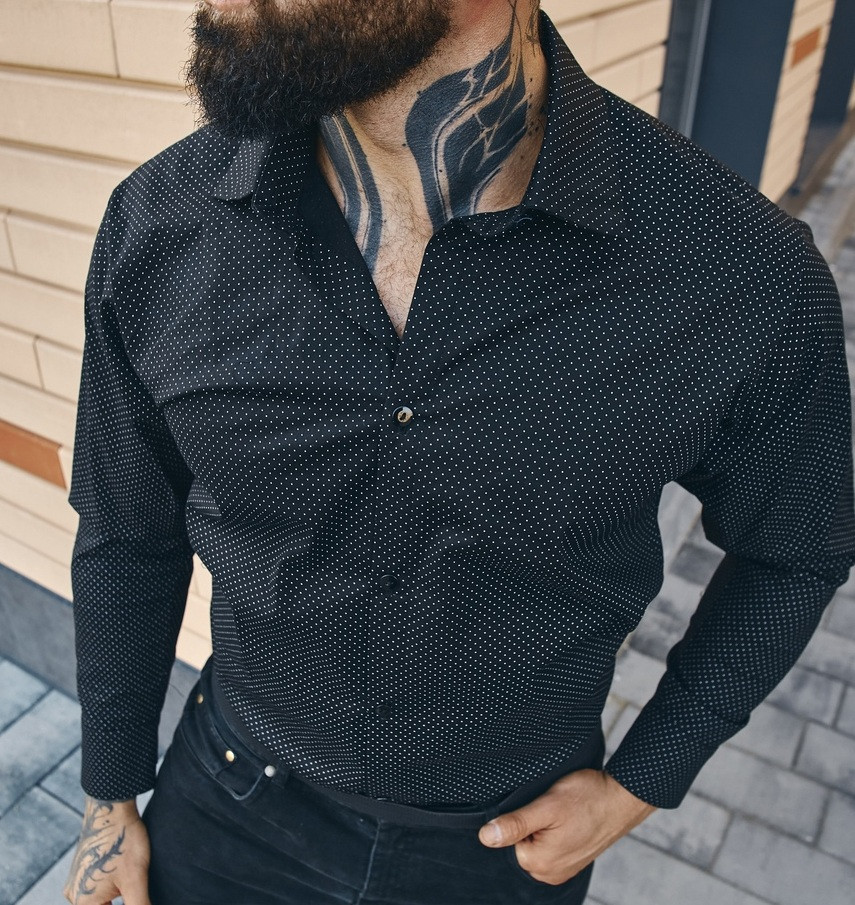 Чоловіча сорочка бавовняна модна молодіжна з довгим рукавом в горошок Туреччина чорна. Живе фото, фото 1