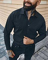 Рубашка мужская черная в горошок Boss | Мужская рубашка с воротником черная
