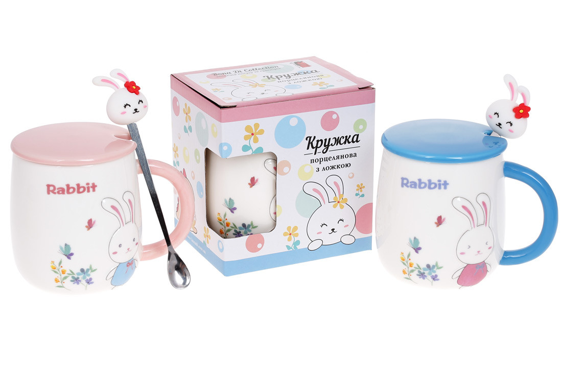 Милий заварник-чашка порцеляновий з кришкою і ложкою "Rabbit 430 мл 3 дизайни, рандомний вибір кольору (927-223)