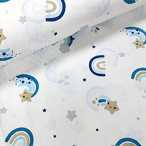 Тканина поплін сині веселки з бежево-блакитними зірочками на білому (ТУРЦІЯ шир. 2,4 м ) (R-F0663)