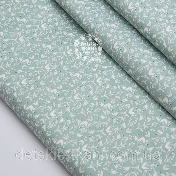 Сатин "Білі міні-гілочки на шавлієвому тлі", №3658с, фото 1