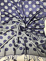 Палантин женский двухсторонний в горох с бахромой (70 х 170 см) джинс+светло-серый