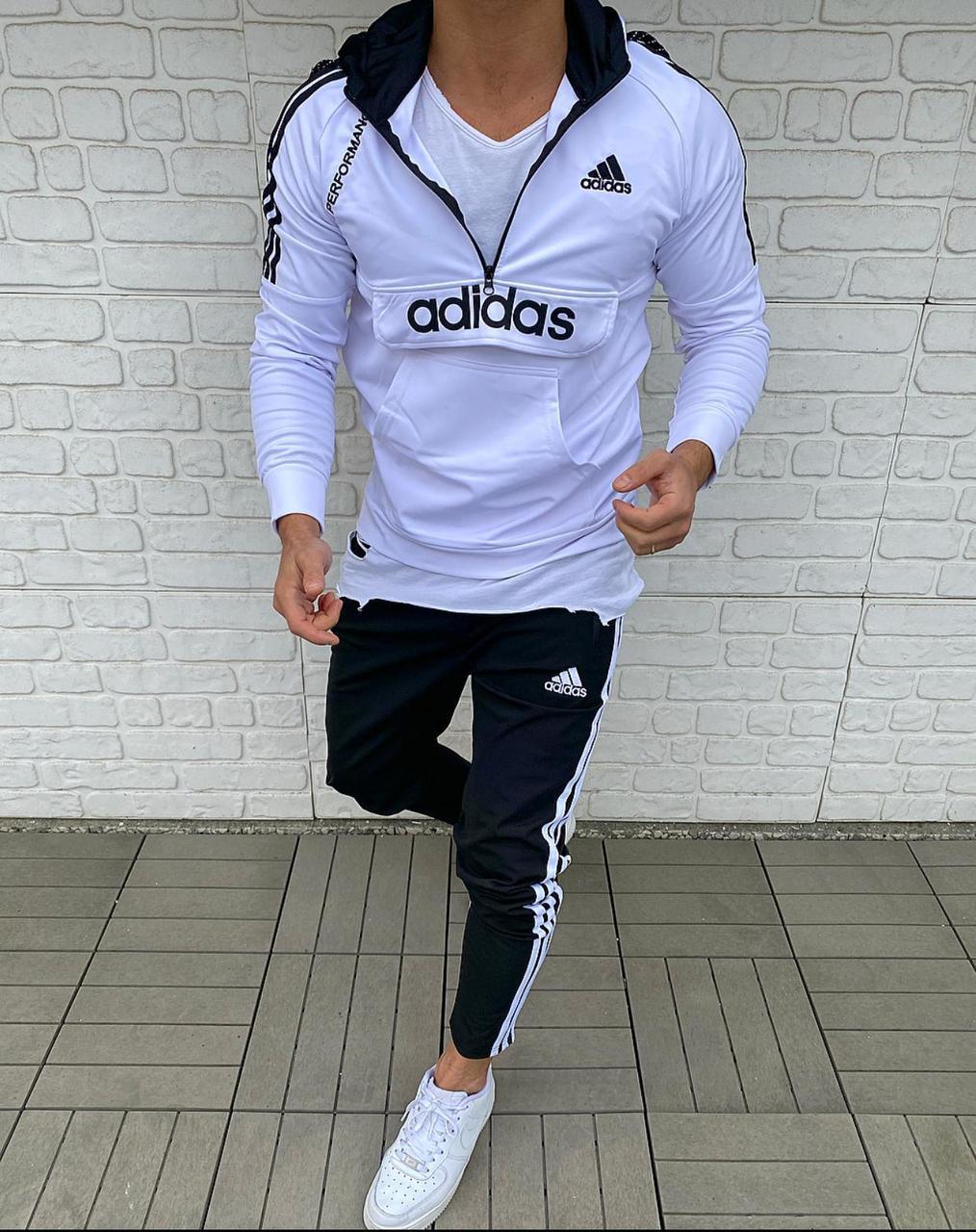 Спортивний костюм чоловічий весняно білий чорний з капюшоном брендовий Adidas (Адідас)