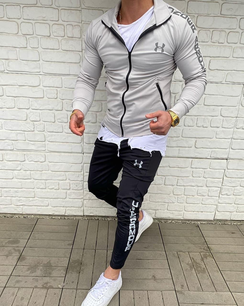 Спортивный костюм мужской весна-осень серый черный без капюшона Under Armour (Андер Армор)