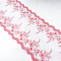 Ажурное кружево вышивка на сетке: красного цвета нить, белого цвета сетка в горох, ширина 23 см