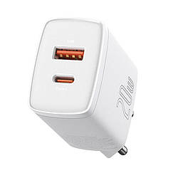Мережевий зарядний пристрій BASEUS Compact Quick Charger 1USB / 1Type-C, QC / PD, 20W, 3A |. White