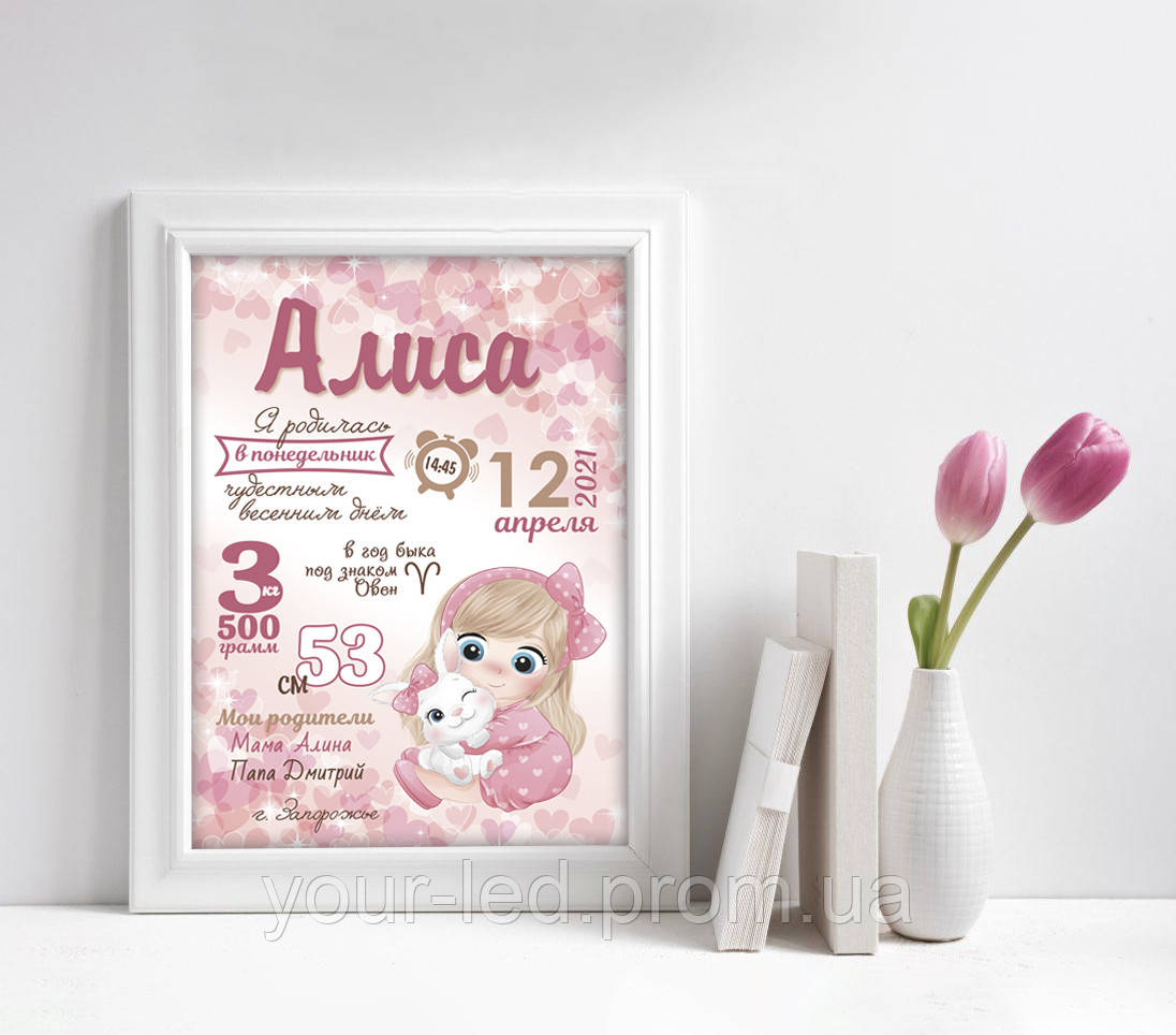 Дитяча метрика - Дівчинка з кроликом А4(плакат/постер без рамки)
