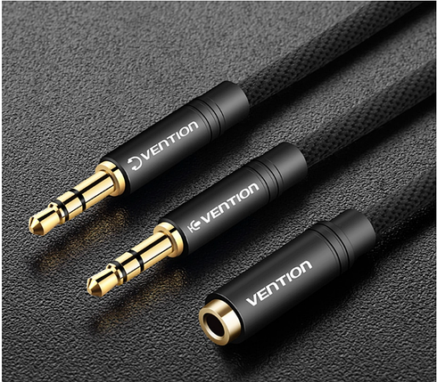 Кабель Audio 3.5мм-3.5мм Vention 2xM/F Fabric Braided 0.6m Black (BBLBAB), фото 2