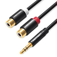 Кабель Audio 3.5мм-2RCA Vention M/F 24К gold-plated 26 AWG 0.3m Black (VAB-R02-B030)