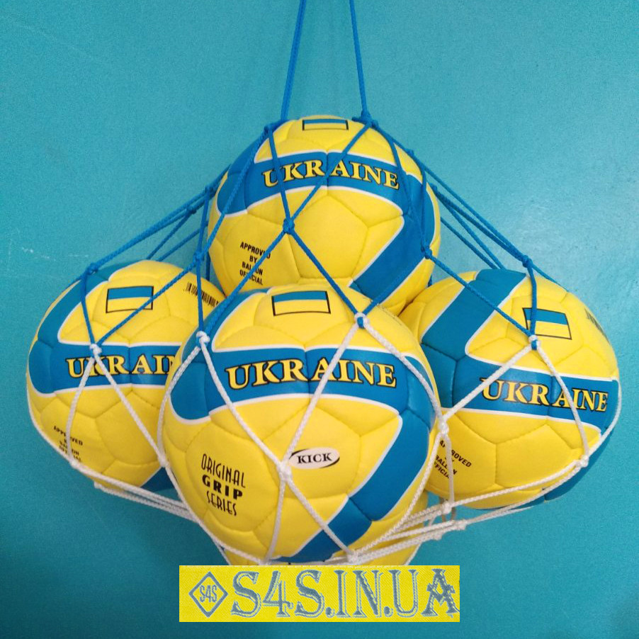 Сітка для перенесення м'ячів "СТАНДАРТ", на 5 м'ячів, шнур Д - 3 мм біло-синя, фото 1