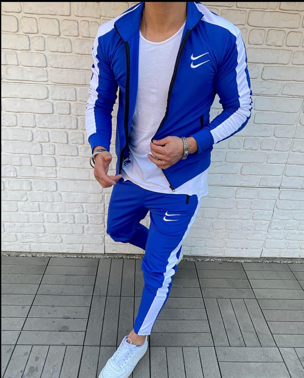 Спортивный костюм мужской весна-осень синий белый без капюшона Nike (Найк)