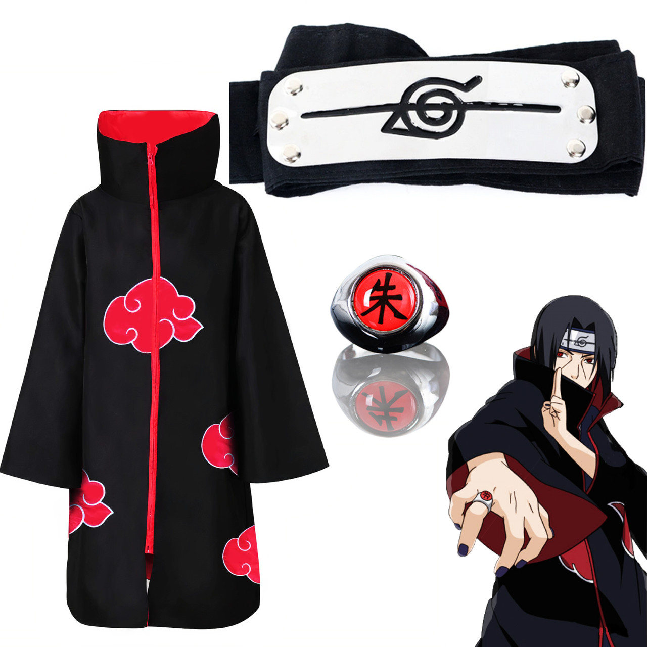Набір Ітачі Учіхи з аніме Наруто Naruto: Плащ Акацукі + Пов'язка + Кільце | Косплей Ніндзя Акацукі Cosplay Itachi Uchiha Akatsuki, фото 1