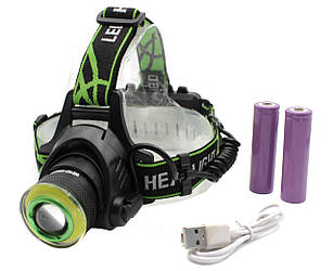 Ліхтар налобний RB107 2*18650/ЗУ microUSB/T6+Cob/Zoom