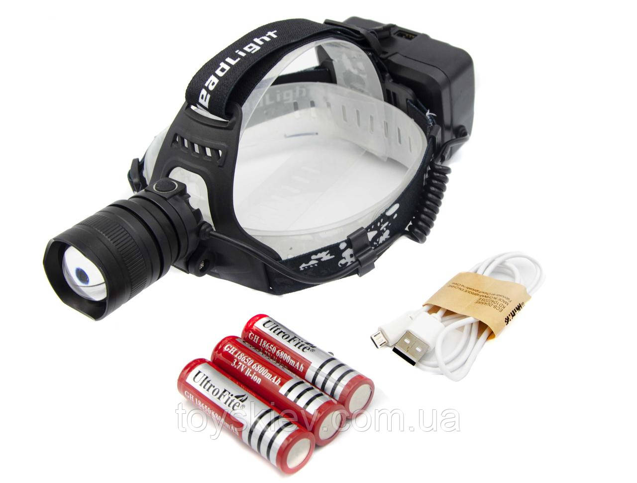 Ліхтар P54/3*18650/ ЗП MicroUSB/P50 LED/Zoom/ Кріплення на голову, фото 1