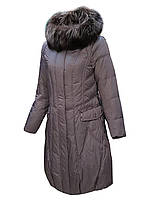 Пуховик пальто женский длинный, натуральный пух, натуральная чернобурка, капюшон Mirage Серый