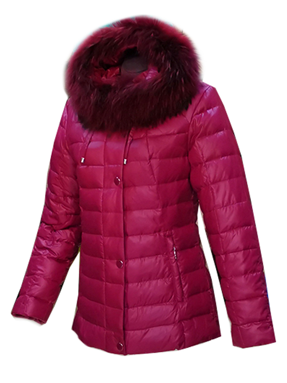 Куртка пуховик жіноча, натуральний пух, натуральне хутро, капюшон Mirage Фуксія, фото 1