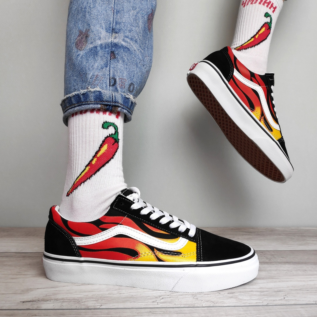 Молодіжні кеди Vans Old Skool Flame Ванс Олд Скул жіночі з принтом полум'я бавовна замша