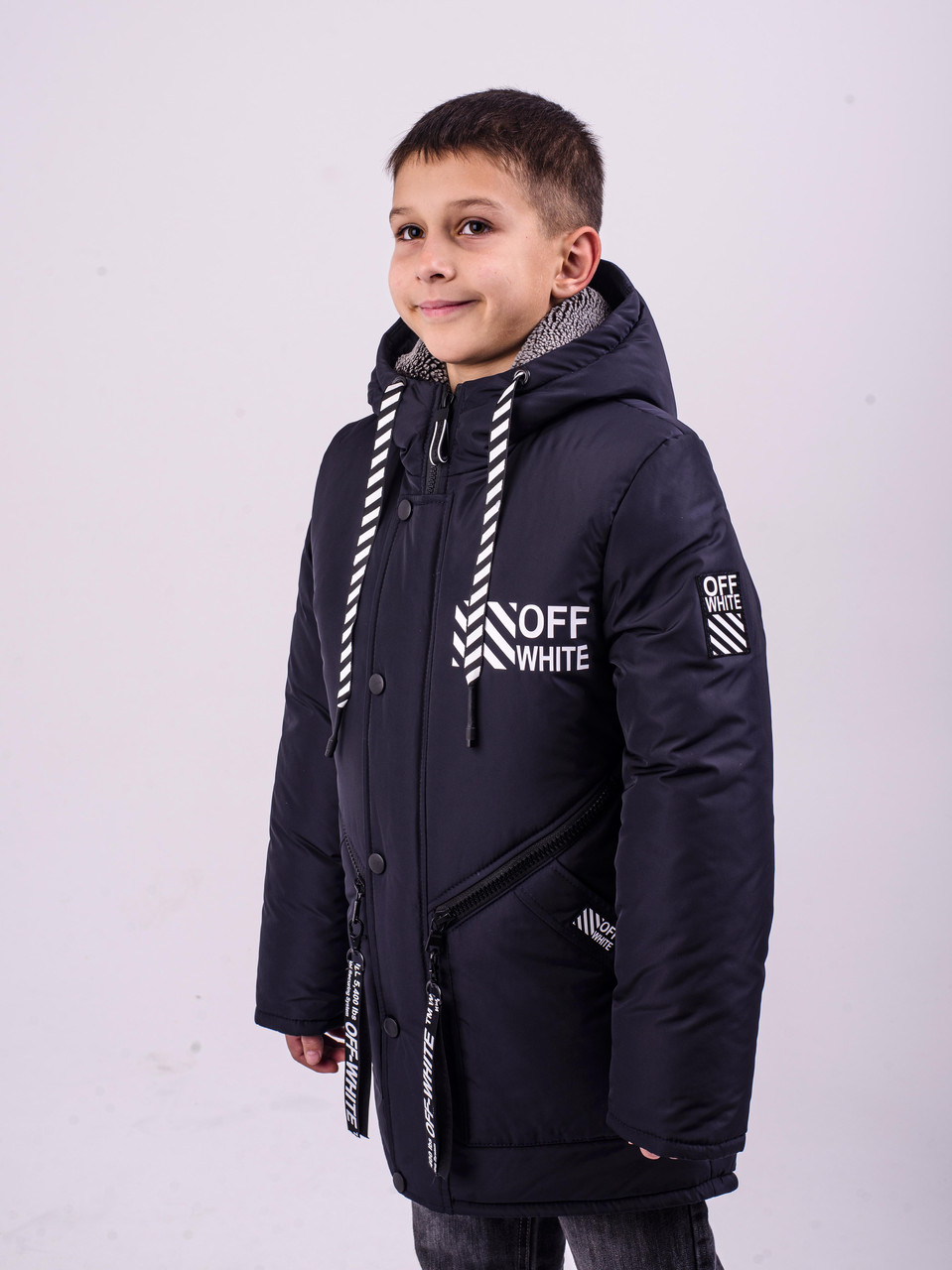 Зимняя удлиненная куртка-парка OffWhite на мальчика подростка на овчине 152,158,164 - фото 2 - id-p1031703041