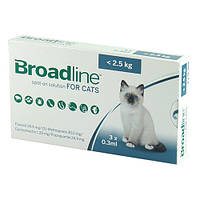 Бродлайн (Broadline) капли на холку от блох, клещей и гельминтов для кошек до 2,5 кг 3 пипетки