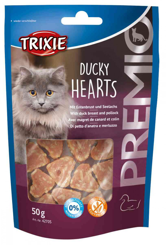 Premio Ducky Hearts — ласощі для кішок з качкою, Тріксі 42705 Ласощі для кішок Premio Hearts качка і сайда,