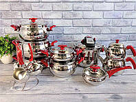 Набор кухонной посуды из 22 предметов, нержавеющая сталь (Турция) красный OMS 1028-Red - MegaLavka