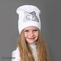 Дитяча шапка Котта зі стразів. Трикотаж 4-12 років Осіння весняна демісезонна шапка для дівчинки. Колір білий
