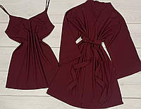 Вишневое платье-пеньюар + халат Комплект из ткани софт