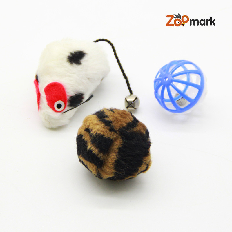 Набір іграшок для кішок кольорова миша, куля з пером, барабанчик