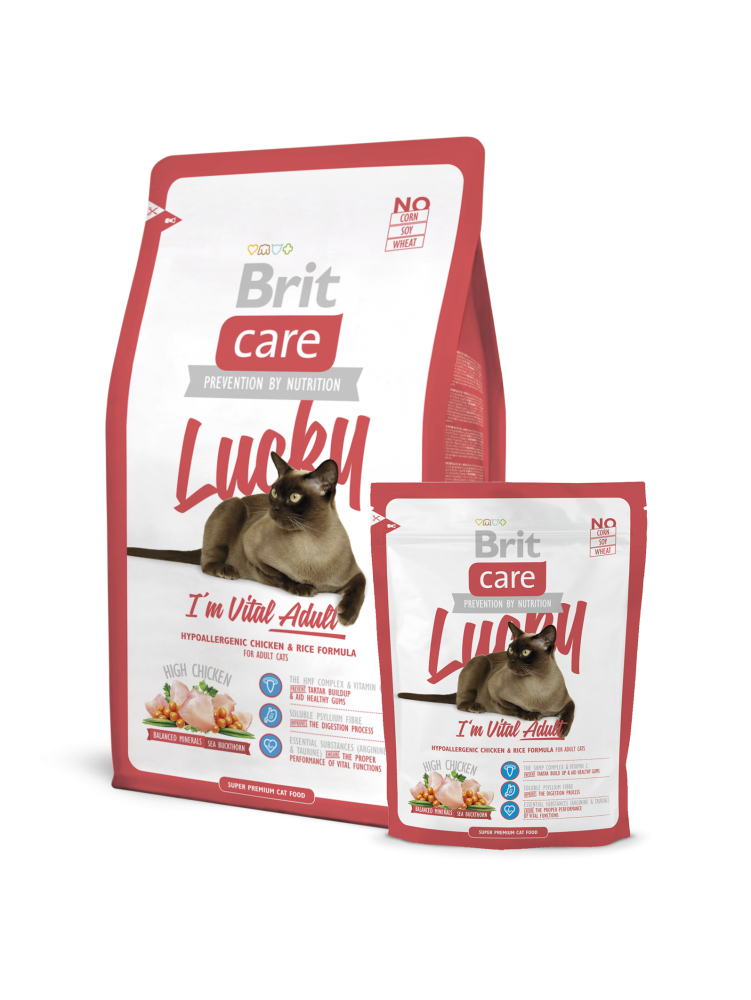 Brit Care Cat Adult Lucky Vital сухий корм для дорослих кішок 2 кг контейнер в подарунок Акція