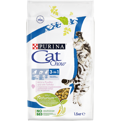 CAT CHOW FELINE 3в1 сухий корм для кішок з індичкою (pH, Hairball.Oral) 1,5 кг Акція-20