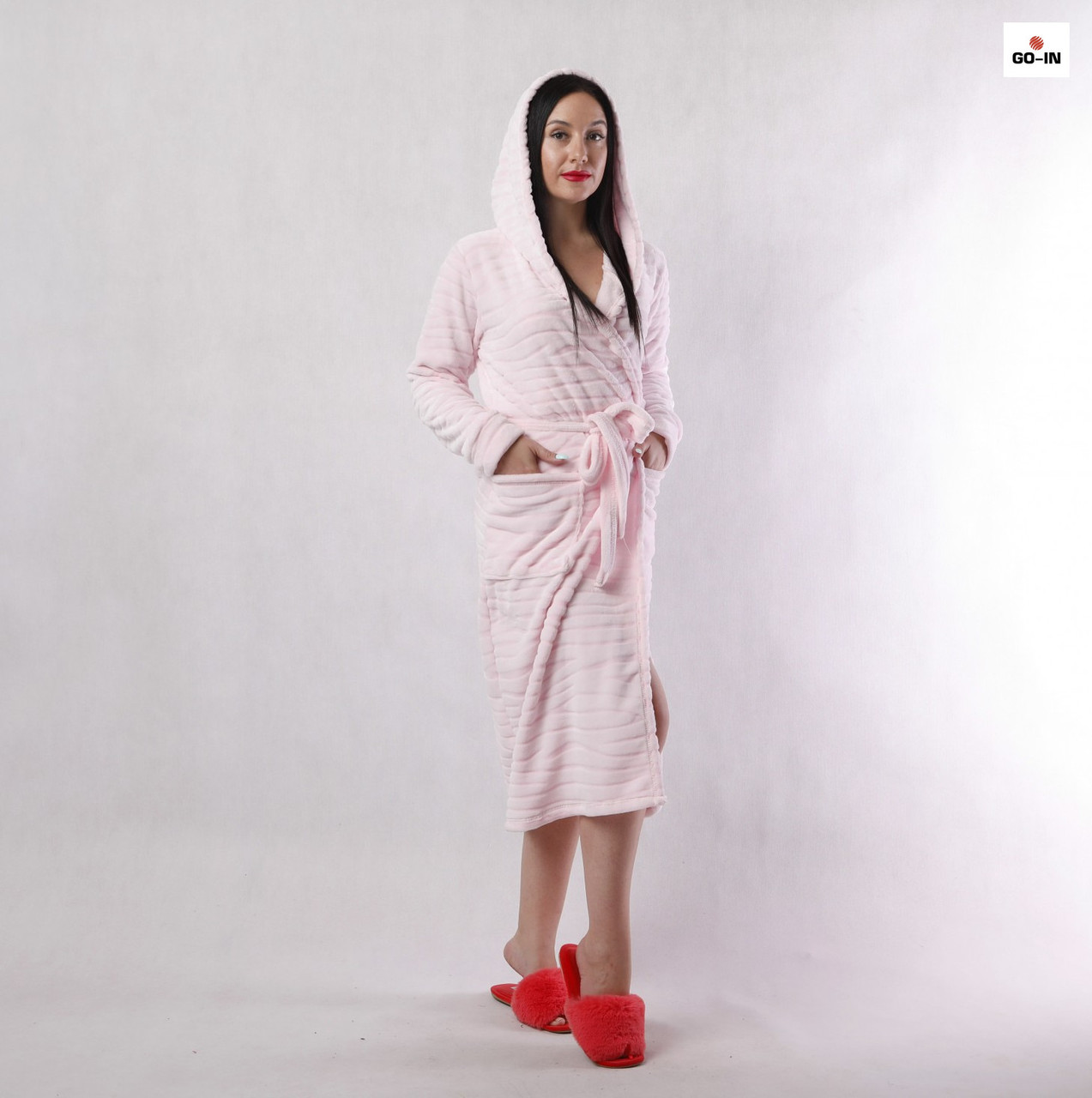 Халат махровий жіночий довгий на запах із капюшоном рожевий у смужку р.42-54