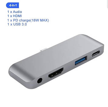 Концентратор Type-C 60 Вт PD, HDMI-місний USB 3,0 Аудіо 3.5 мм для навушників