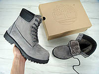 Женские зимние ботинки Timberland classic 6 Inch Premium Grey Тимберленд Инч Премиум с натуральным мехом Нубук