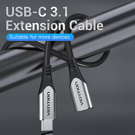 Подовжувач Type-C-Type-C 3.1 Vention Nylon M/F Thunderbolt 3 4K 60Hz PD 60W 5Gbps 3A 1m Grey (TABHF), фото 3