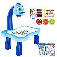 Детский стол проектор музыкальный с подсветкой для рисования и фломастерами голубой Projector Painting