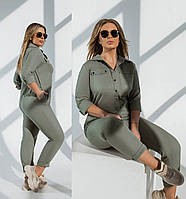 Стильний жіночий літній лляний брючний комбінезон батал із поясом і сорочковим верхом (р.50-56). Арт-3203/48 хакі