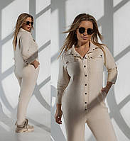 Стильний жіночий літній лляний брючний комбінезон батал із поясом і сорочковим верхом (р.50-56). Арт-3203/48 бежевий