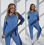 Стильний жіночий літній лляний брючний комбінезон батал із поясом і сорочковим верхом (р.50-56). Арт-3203/48, фото 5