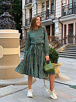 Красивое женственное платье в мелкий горошек с поясом на талии Зелёный, L-XL