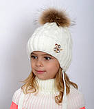 Зимова шапка Принцеса на флісі з натуральним помпоном. Шапка з помпоном, шапка з бубоном Колір пудра, фото 5