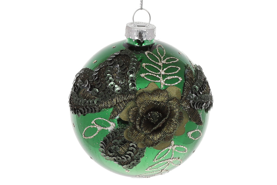 Ялинкова куля, з декором з тканини, гліттера та паєток, колір - зелений ТОВАР ВІД ВИРОБНИКА