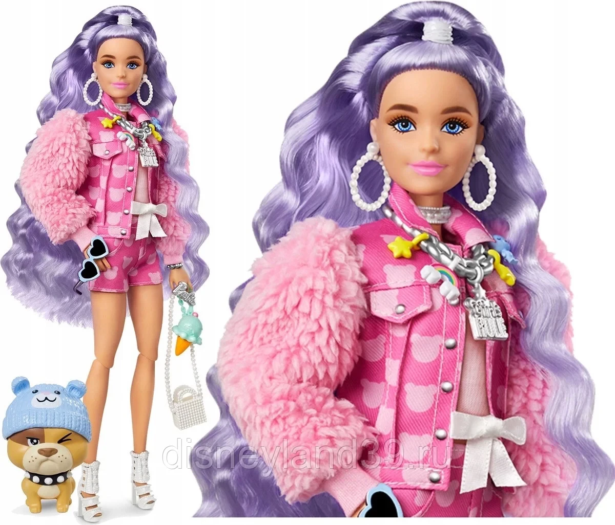 Лялька Барбі Екстра Модниця в джинсовій куртці з принтом Рожевий плюшевий ведмедик Barbie Extra Doll (GXF08)